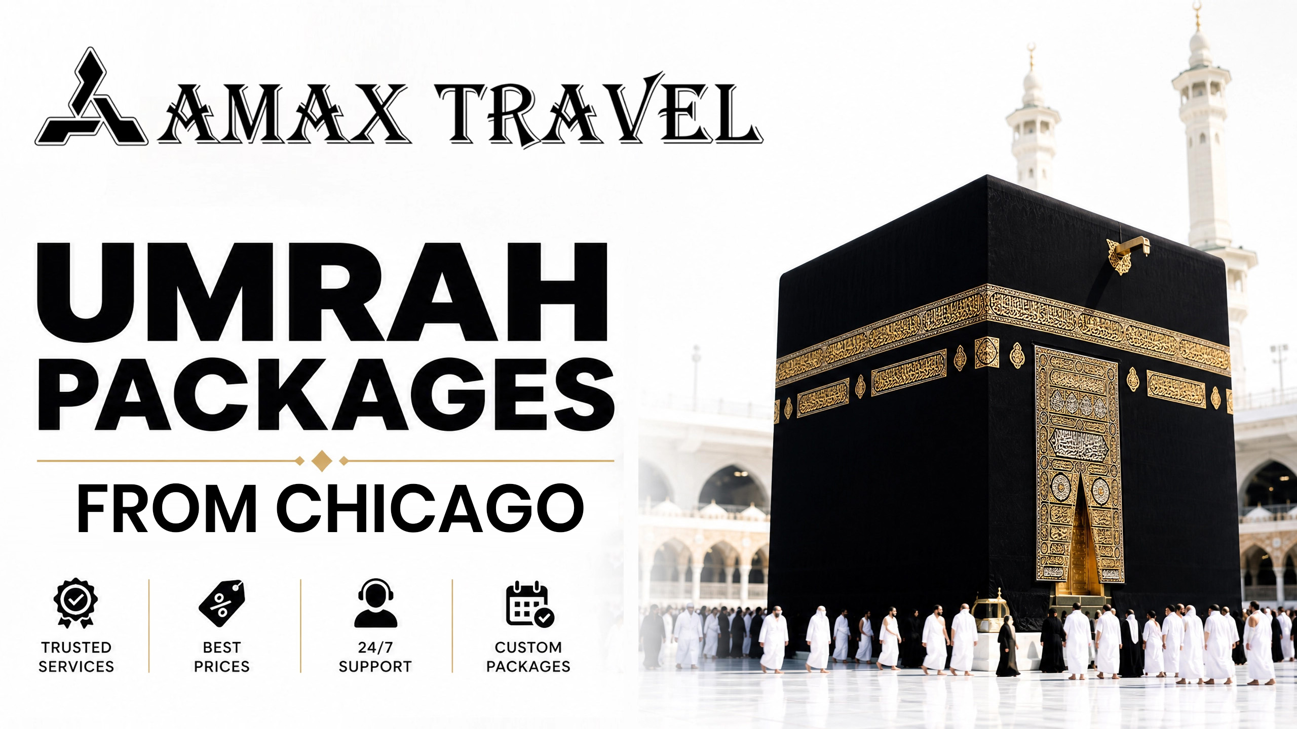 Umrah packages from Chicago 2026 — best Umrah from Chicago with Swissotel Al Makkah and Dar Al Hijra Madinah, Amax Travel Chicago Umrah agency